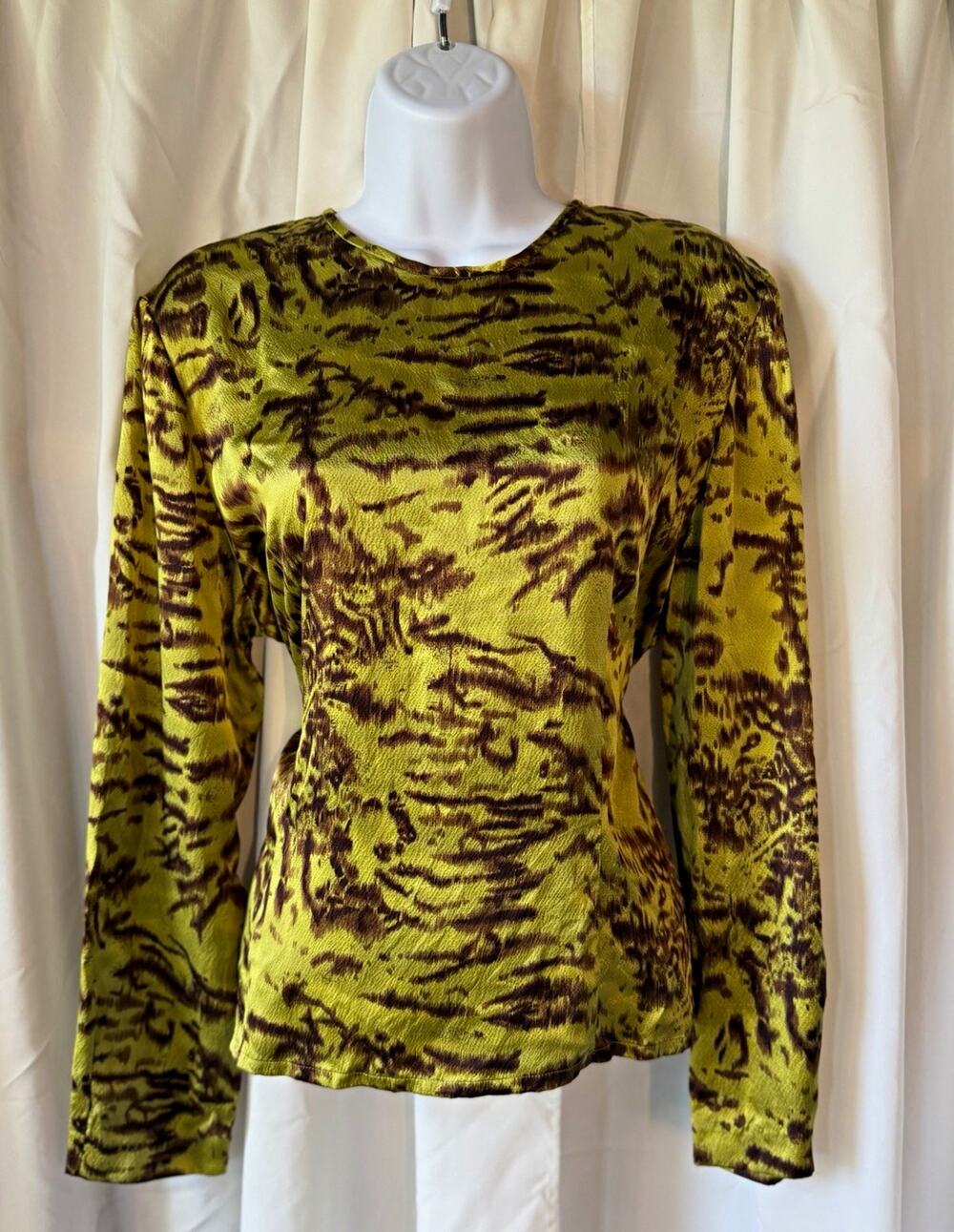 Dana Buchman Petites 14 Silk Satin chartreuse chocolate brown Long Sleeve Blouse